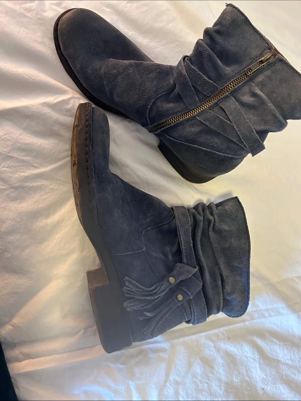 Born Suede Ankle Boots in Blue with Tassel and Ruching